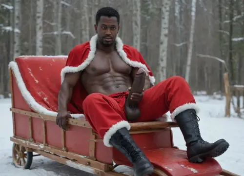 total view, black african Santa Claus man, black skin, sitting leaned back in a big open sleigh, defind abs, curtain opend, redpants wide opened, showing his face and huge 14 inch long dick, hard erected veiny cock, (face and cock), black boots, winter landscape, masturbating, cumming, cumexplosioin, cum on face, photorealistic