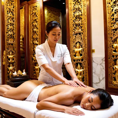A relaxing atmosphere surrounded by exquisite marble and bronze details that illuminate the exotic Wat Phra, projecting flashes of light onto its architecture, highlighting the incredible structures as if they were gold, with white marble accompanied by a relaxing massage. A real Thai Mandarin masseuse performs an authentic massage with a golden Chong Kraven, skillfully massaging a man lying on a clothed mat. Tranquility can be seen on the man's face. Lying in front of the woman, Wat Phra masseuse, statues, marble.