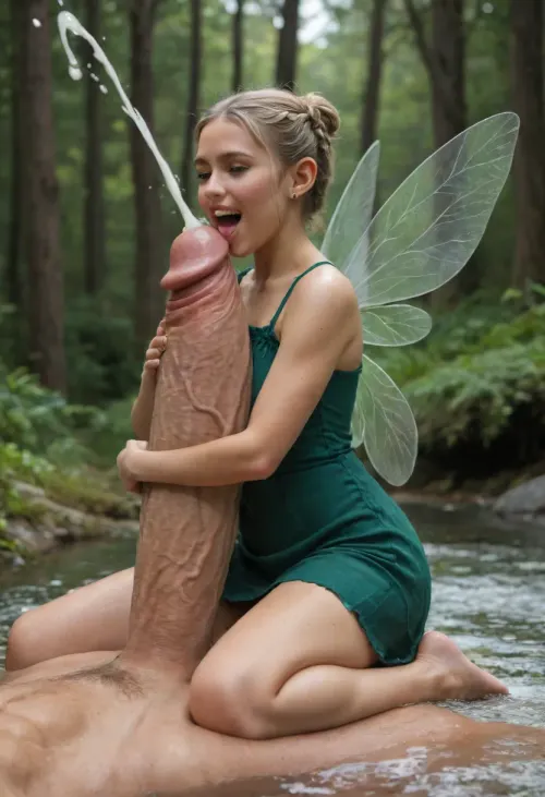 A small pixie fairy, green tattered low-cut dress, grinding and riding on a Giants veiny monster cock feverishly, bigger than body, gripping it tightly, side view from above, in a fairy tale enchanted Forest, Platinum blonde hair up in braids and buns, blonde, fairy wings, hugging and straddling a massive giant body sized hyper-cock, licking and humping giant massive giant hyper cock, laughing, happy, wrapping legs around, massive bukkake soaking drenching dripping squirting cum facial, titjob, sucking on the tip, aerial cumshot squirting