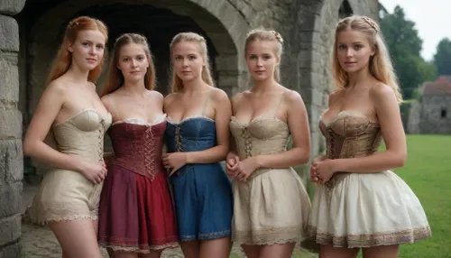 3 beautiful ladies. 3 women from Denmark in traditional danish dresses, no skirts, bottomless, no pants, exposed naked hairy pussies, full body view, medieval corsettes.