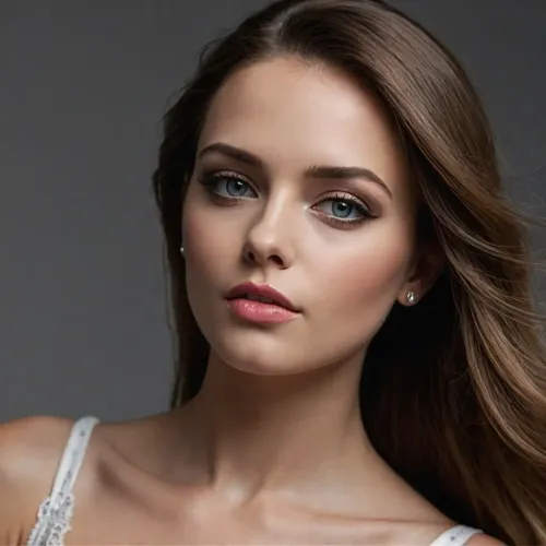 Photorealistic portrait of a young, professional-looking woman, approximately **28 years old**, making **direct eye contact** with the camera.

**Facial Details, **
**Face Shape, ** **Refined oval shape**, with a slight elongation. The jawline is softly defined and elegant, transitioning smoothly to the neck. **Cheekbones are subtly prominent** and perfectly sculpted, giving the face a balanced, mature, and slightly angular structure without being harsh. The overall expression is composed and confident.
**Eyes, ** **Large, striking, and deeply set**, with a crystal-clear gray/blue color. The iris is detailed and vibrant. The application of makeup is precise, a **sharp black liquid eyeliner**, (classic winged/cat-eye style), extending slightly beyond the outer corner. The lashes are full, long, and perfectly separated. The eyeshadow is a subtle, smoky blend of taupe and soft brown, defining the crease without overpowering the lid. The **eyebrows are meticulously groomed, dense, and naturally arched**, colored medium brown, framing the eyes strongly.
*Nose, ** Straight, slender, and well-proportioned to the rest of the face.
**Lips, ** Full, with a naturally rosy, pink hue. They have a defined cupid's bow. A matte or satin lipstick/lip gloss is used. The mouth is closed in a soft, gentle smile.
**Skin, ** Flawless, smooth, and naturally radiant complexion with a healthy glow. Subtle contouring enhances the cheekbones and jawline.

**Hair and Accessories, **
**Hair, ** Long hair featuring warm tones of blonde and light brown, (balayage or ombré), with darker roots. The hair is neatly tucked behind the right ear and flows over the left shoulder. The texture is voluminous, slightly waved, or sleekly straightened.
**Accessories, ** A discreet, single pearl stud earring worn on the right earlobe.

**Attire, **
**Top, ** An elegant black top or blouse with a **high, mock turtleneck-style collar**. The fabric features a distinctive, detailed **guipure lace or perforated/cutout texture**, creating a sophisticated pattern. There is a vertical placket of buttons or fastenings down the center of the chest. The attire is formal and high-fashion.
**Lighting and Composition, **
**Lighting, ** Soft, professional studio lighting, (e.g., beauty dish setup), providing even illumination with striking catchlights in the eyes.
**Background, ** Clean, solid white or a very bright, neutral gray, minimizing shadows to isolate the subject.
**Composition, ** Close-up or medium close-up, focusing sharply on the head and shoulders.
**Style, ** High-resolution, ultra-detailed, hyperrealistic digital art, reminiscent of high-end commercial or fashion photography.