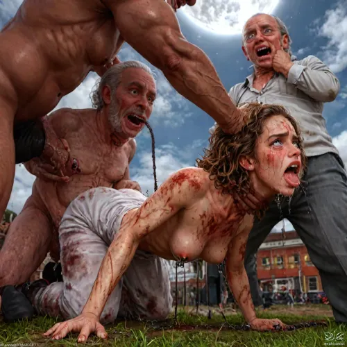 UHD, 8k wallpaper, (maximum quality:1.5), (ultra high resolution:1.7), (masterpiece:1.5), (full body view), award winning photo, (Extreme:1.45), (insanely detailed:1.24), (realism:1.24), (realistic:1.7), (hdr:1.4), hyper-detailed realistic body, hyper-detailed realistic face, (warm ambient light:.5), (dark shadows:1.4), (inside torture chamber), Princess Merida disney princess very skinny body, 18 years old, gigantic penis, gigantic cock, interracial, (anal), (vaginal), orgasm, ripped outfit, (gangbang), (triple_penetration), (full_blush), colors, (nipples), (medium_breasts), ruined black makeup, runny makeup, (big brown eyes), eyelashes, exhausted ecstatic expression, open mouth, painful, starring into the camera, ((Hyper realistic)), (ultra HD image), 8k, super high quality, super high resolution, extremely detailed, perfect face, perfect eyes, ((crying alot:1.65)), extremely shy, 1 girl, 8 old men, ((old man fucking her from behind:1.5)), ((view from the side)), ((brutal sex:1.3)), ((extremely rough pounding)), ((forceful)), (in a bloody field after a battle, white full moon in the sky:1.4), (man is choking her from behind:1.6), ((hogtied, bound with large chains, tied to a torture table:1.18)), ((((12 giant african muscular men:1.4)), (opening wide her little mouth:1.5), (interracial sex), ((anal fuck 1.5)), (deepthroat:1.5), ((visible huge bulge deep down throat:1.6)), ((view from the side)), ((brutal sex:1.3)), ((extremely rough pounding:1)), ((forceful)), spitroast, wide eyes, throat bulge, puffy cheeks, (large cock in mouth:1.12), screaming, shocked, tearful, deep anal penetration, Uber realistic, ultra detailed, masterpiece, arched back, detailxl, 35mm photograph, film, professional, 4k, 1 girl, 8 old men, hdr, photographic, ultra realistic, ultra high details, back light, (wide front view from below:1), (dynamic pose), best quality, with large muscular old men, gargantuan old men cocks, anal sex expansion, large hyper muscular old men men, ((tears:2)), large hyper muscular fat old men, (double anal sex), swollen white veiny cocks, (double anal penetration:1.4), hardcore double penetration, proper physics, big white cocks, muscular white old men double anal gangbang)), (forceful penetrations), extremely graphic, shocked expression, beautiful hands, massive cum in ass, (eyes wide open in horror:1.72), (wide mouth spreader:1.8), (pleading expression:1.56), (terrified:1.48), (crying:1.48), (fear and panic:1.56), (pulled nipple clamps:1.4), (anal spit roast:1.12), (large massive cock in mouth:1.12), deep anal penetration, (very high view:1.12), (detail Hermione Granger:1.32), (detail Hermione Granger face:1.16), <lora:LCMTurboMix_Euler_A_fix:2>, <lora:detailed_notrigger:2>, <lora:photorealistic_portrait_notrigger:2>, <lora:JuggerCineXL2:2>, <lora:CinematicStyle_v1:2>