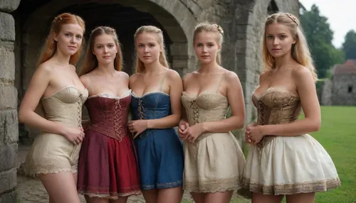 3 beautiful ladies. 3 women from Denmark in traditional danish dresses, no skirts, bottomless, no pants, exposed naked hairy pussies, full body view, medieval corsettes.