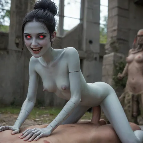 (wide sinister smile, excessive evil smile), (nude Frankenstein girl:1.4), at the cemetery, glowing red eyes, (girl has very pale green-blue skin:1.2), (Stitched body parts:1.2), stitches on limbs, (very high black hair hairstyle:1.2), (very slim boobs with large nipples:1.6), (unwillingly fucked doggy style by zombie, vaginal penetration), fucked at the cemetery, crosses, church, (Zombie Apocalypse:1), very small very slim body 2, (petite:2), short girl, widow maker from over watch, widow maker cosplay, (young adult:1.8), cute face, anal sex, (huge withe cock:1.5), small fresh pussy, silver shiny transparent latex bikini, standing anal fucking, red bob cut hair, perky tits 1.8, front view, spreading one leg wide, best quality, sharp focus, ZipRealism, evil, villain, <lora:add-detail-xl:2>, <lora:evil_villain:2>