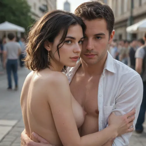 Black woman and a white man embracing passionately, their naked bodies pressed together. public, chasity, plug, humiliation