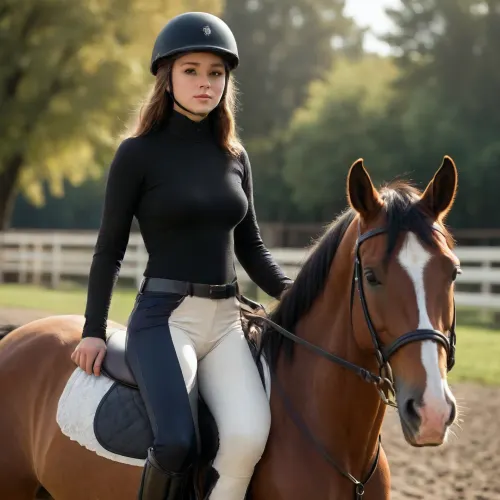 18 year old girl, equestrian, riding pants, tight white shirt, full body front view, hyper detailed, sharp focus, intricate details, highly detailed, detailed face, detailed skin