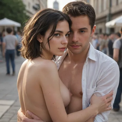 Black woman and a white man embracing passionately, their naked bodies pressed together. public, chasity, plug, humiliation