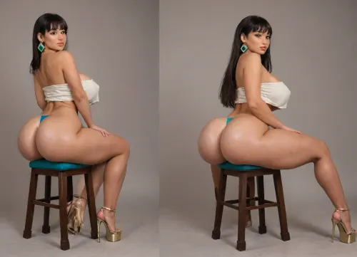 Hyper realistic, award winning photo, 20+, Hourglass, fit, voluptous, hyper bbl, cosplay, chel from road to el dorado, sitting on a chair back to viewer, spreading ass wide open, stretching ass cheeks apart, huge heart-shpe ass, (Large Ass:1.3), rounded bubble butt, bulging ass, deep ass crack, huge heart-shpe buttocks, bulging butt, extremely tight butt, bubble bubble butt, extremely juicy bubble butt, round ass, back arched, cocked hip, feet spread wide apart, looking back at viewer, large Breast, large natural teardrop breasts, 38 double g breast size, pink areolas, (hyper erect nipples:1.3), hyper prounounced nipples, straight hair, Form Fitting Clothes, micro thong, g-string, tone Thighs, wasp waist, lean, tan skin, medium tan, (tan lines:1.3), hinata face, round face, large round eyes, dark brown eyes, dark brown hair, arrogant expression, jewelry, exposing breasts, seductive, inviting, enticing viewer, dynamic sexy pose, hdr, highly detailed, huge wide hips, thick tone thighs, thigh gap, perfect body, thighs bigger than waist, wide hips, tone long legs, heels, (5 inch heels:1.3), hyper sultry, hyper suggestive, hyper provocative, ass, hips, narrow, waist, longnips, large, breasts, big, boobs, huge, tits, side view, rear view, front view, <lora:BodyLicious:1.3>, <lora:longnipsxl:1.5>, <lora:bombshell_v2:1>