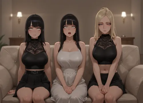 Three hypnotized girls on a sofa, the first girl is goth, the second woman is a MILF wearing a summer dress and an apron, and the third girl is wearing a skimpy club outfit with a crop top and a skirt. Straight rigid sitting position, realistic proportions, open mouth, empty white eyes, hypnosis, mind controlled, brainwashed, (Three women:1.2), fully covered chest, white, sclera, eyes, glowing, <lora:white sclera v2:1>
