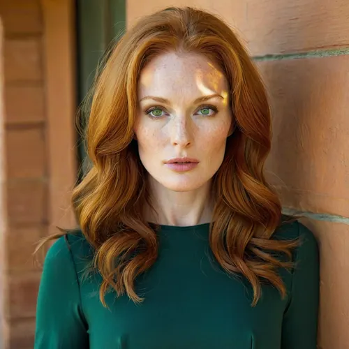 ginger, (young woman), julianne moore look a like, striking red hair, fair "peaches and cream" skin with freckles, and captivating green or golden-green eyes, set in a face with strong bone structure, high cheekbones, and an expressive arch to her brows. Key Facial Features, Hair, Famous for her vibrant, natural red hair, (often described as "fox-like"), .
Skin, Pale, fair complexion, often with noticeable freckles, which she likes to show off.
Eyes, Warm, golden-green eyes that stand out beautifully against her hair.
Bone Structure, Strong, chiseled cheekbones and a well-defined bone structure that lends a sculpted look, even as she ages.
Brows, Well-defined, arching eyebrows that contribute to her expressive face., 4ng3l, face, <lora:SDXL_BetterFaces-LoRA_v1:.6>