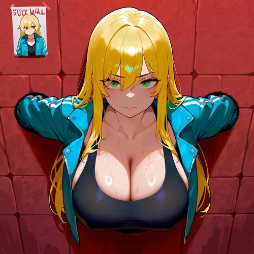 glory wall, green eyes, whore, slur, open clothes, collarbone, red eyes, solo, open jacket, 1girl, long sleeves, large breasts, looking at viewer, sweat, breasts, tank top, black tank top, long hair, blond hair, blue jacket, trapped_in_wall, stuck, in, wall