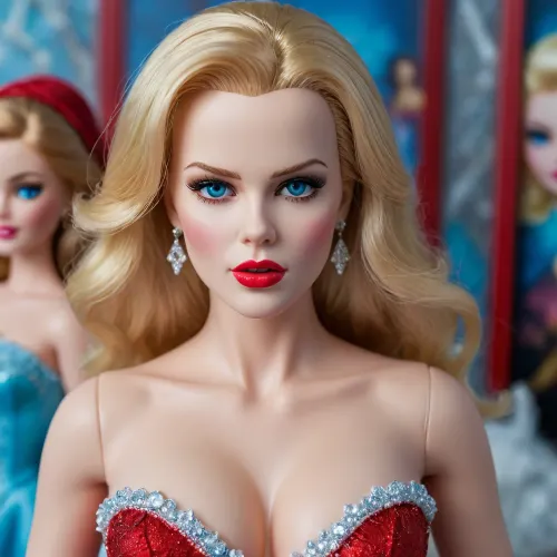 beautiful, Nicole Kidman face, sexy, barbie doll, doll joints, plastic, full body portrait, slutty, high heels, big lips, red lipstick, giant boobs, bimbo, elsa frozen