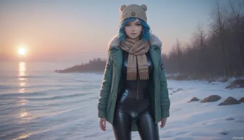 cyborg, futanari, blue hair, turquoise eyes, beach, smiling, winter, jacket, hat, scarf, black leggings, bulge, snow