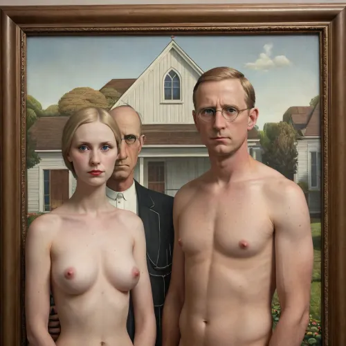 American Gothic by Grant Wood painting, (topless:1.6), (painting in the picture frame), best quality, masterpiece