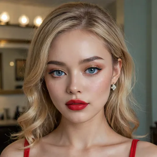 Sexy, ((young)), ((asian small eyes)), (red lips), 20 years old, gold hair blonde, big full lips, big eyes, high prominent cheekbones, clear blue eyes, (Oval Face), ((Diamond Face)), ((angular jawline)), ((Almond shape Eyes)), ((masterpiece)), straight well-defined and symmetric nose with a classic refined bridge and a slightly rounded balanced tip, 4ng3l, face, <lora:SDXL_BetterFaces-LoRA_v1:1.8>