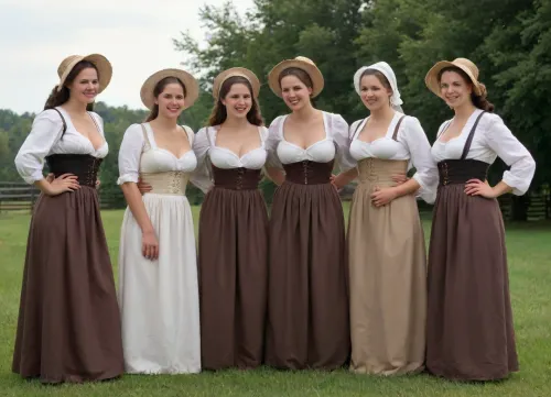 Group of ten lesbian half-naked beautiful Amish busty women, 25 years old, traditional Amish dress with bonnet, long skirt, unbuttoned corsette, fully exposed naked breasts, topless, no bra, showing naked breasts to each other, touching breasts of each other, beautiful breasts, nice tits, strong legs, smiling, farm outdoor, hyperrealistic