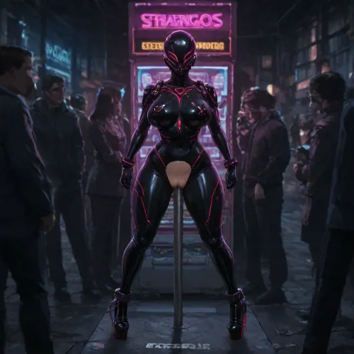 (Curvy young woman standing), legs apart, (penetrated by steel pole), ((steel pole from ground to vagina)), (scifi setting), film noir style, slot machine, ((latex clothing)), (colorful neon light stripes on clothing), bladerunner aesthetics, platform heels, small lady, slot machine, neon signs, display, (strangers walking by), motion blur, people queing, helpless, steel shackles, machine, (open crotch), genetic manipulation, (puffy labia), bare pussy, high angle, trapped, public, objectified, fuckdoll, cyborg, trash, litter, untidy, used holes, ”one bar prison”