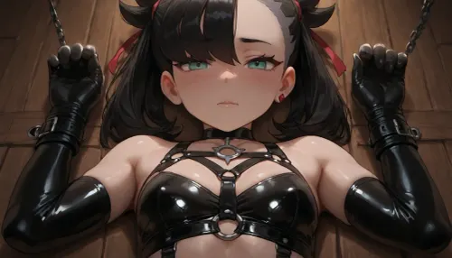 18 year old girl, marnie from pokemon, small breasts, a-cup breast, petite body, hogtied by latex straps, hogited bondage