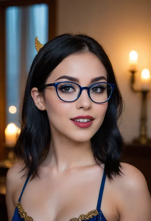 20 year old black haired goth woman side eyeing camera, looking over her shoulder, seductive, back to camera, smiling, mouth open, prominent cupids bow lips, (eyeliner, winged eyeliner, dark eyeshadow), makeup, nude, (candlelight), (big thin rectangle blue glasses with gold lens)