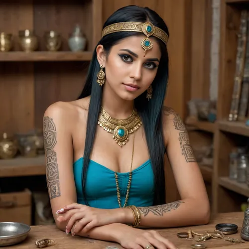 Jewelry workshop, (((a girl makes precious jewelry on a workbench))), on the shelves there are precious stones and gold, young beautiful 18 years old Indian girl, toned muscles, skinny, tempting, seductive, bright turquoise eyes, (languid facial expression), (partially naked), (bob hairstyle), (black straight hair), (ritual face painting, ritual makeup), (ritual crown), ritual jewelry, gold jewelry, (the body is completely covered with runic tattoos), Indian style, Aztec style, Mayan style, (highly detailed sexy face)