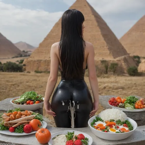 Egypt Pyramids, beautiful sexy girl, goth girl look, black straight long hair, facing camera, pressing sexy pose, beautiful face, long black straight hair, bmbplora, bodysuit, mglr, large, breasts, nude, seen from behind, (giant creampie falls in rice, tomato, salad plate:1.4), <lora:bimboxl_02:.5>, <lora:MGLRbodysuit_sdxl:.5>, <lora:nudify_xl_lite:.5>