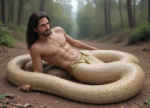 Snake man. Naga. Half snake half human. Monster. Lamia. Male. Man. Scales. Snake fangs. Snake skin. Hybrid. Snake tail from the waist down. Full body. Scales on chest. Long tail. Arms. Dark skin. Jewelry. Gold chains. Solo male Multiple scale colors. Beard. Facial scales. Snake eyes. Stomach up. Laying on a sunny rock outdoors. Naga. Half snake. Snake hybrid. Half snake. Snake tail. Snake human fusion. Naga. India. Hemipenes