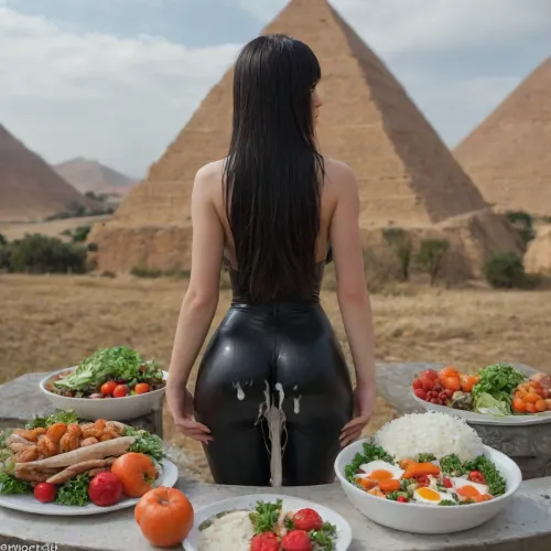 Egypt Pyramids, beautiful sexy girl, goth girl look, black straight long hair, facing camera, pressing sexy pose, beautiful face, long black straight hair, bmbplora, bodysuit, mglr, large, breasts, nude, seen from behind, (giant creampie falls in rice, tomato, salad plate:1.4), <lora:bimboxl_02:.5>, <lora:MGLRbodysuit_sdxl:.5>, <lora:nudify_xl_lite:.5>