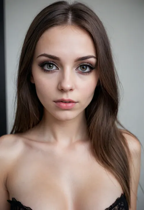 Passport photo, skinny girl, russian girl, beautiful face, round breasts, long hairs, naked, eyeliner, slightly belly stomach, emo, makeup, goth, curvy, white background, highest quality, detailed skin texture, detailed photo, 4K