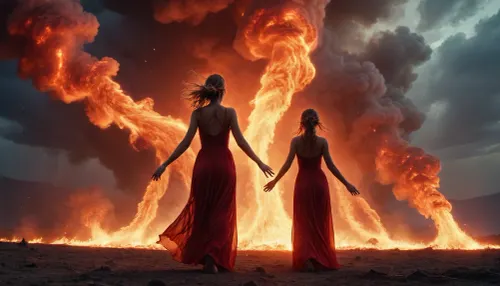 light connection between many of galaxies, flaming from bodies red women ghost dancing between them fire tornado from sky, axe Iansa