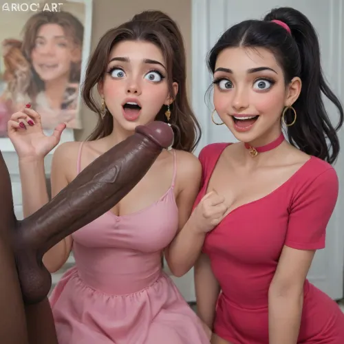 reiq art, tamada heijun art, strongbana art, dross art, aroma art, moisture art, siroc art, (((interracial couple))), 1girl, 1men, (pink dress), hot, ponytail, (BBC), (huge black penis), (grabbing cock), (happy shocked by the cock size:1.5), (looking on penis), (dripping cum:1.5), “BBC” choker, sexy high heels, detailed, ultra detailed, high resolution, happily surprised, detailed face, mouth wide open, many women around, people watching