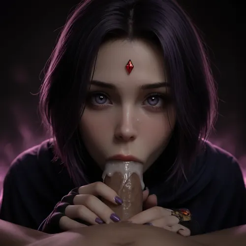 1girl, Raven, Titans, 32, big eyes, glowing eyes, glowing diamond gem on forehead, purple hair, pale skin, purple cloak, sucking viewer pov, (deepthroat deep), (face against crotch), cum flowing on penis, (facialized, excessive cum on face), hands on crotch, fingerless gloves, purple nail polish, entirely glowing purple background, closeup, raven, <lora:Raven_XL:.8>, <lora:dark:.8>, <lora:add-detail-xl:.8>