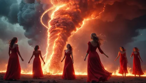 light connection between many of galaxies, flaming red women ghost dancing between them fire tornado from sky, axe Iansa