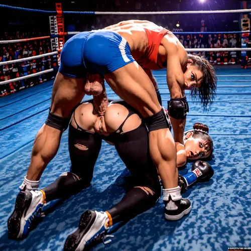 8K, uhd, hyper-realistic, photorealism, masterpiece, (detailed face and eyes:1.3), (photorealistic face and eyes:1.3), (1man, 1woman), (open eyes:1.2), (a wrestling match between an athletic woman and a lean man has ended in defeat for the woman, her punishment is getting fucked aggressively in a boxing ring with spectators on all sides, the man has pinned her to the mat in a twisted body position and is fucking her ass and pussy:1.1), (very lean man:1.3), (man is similar height as woman), (big balls:1), (doggystyle), (foot on head:1.2), (head pinned down, ass up), (cock in pussy), (exhausted and defeated expression, tears:1.1), (torn sexy wrestling outfit:1.3), (torn lycra tights:1.3), (knee pads, elbow pads, wrestling shoes), view from above, overfit, style, (overfit, style:2), (style:4), PUT, OVERFIT, STYLE, IN, NEGATIVE, PROMPT>, Chun, <lora:EasyFix:.8>, <lora:Chun-Li-Pony:1.3>