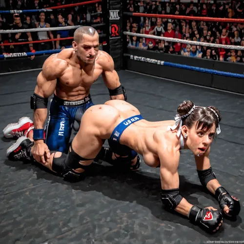 8K, uhd, hyper-realistic, photorealism, masterpiece, (detailed face and eyes:1.3), (photorealistic face and eyes:1.3), (1man, 1woman), (open eyes:1.2), (a wrestling match between an athletic woman and a lean man has ended in defeat for the woman, her punishment is getting fucked aggressively in a boxing ring with spectators on all sides, the man has pinned her to the mat in a twisted body position and is fucking her ass and pussy:1.1), (very lean man:1.3), (man is similar height as woman), (big balls:1), (doggystyle), (foot on head:1.2), (head pinned down, ass up), (cock in pussy), (exhausted and defeated expression, tears:1.1), (torn sexy wrestling outfit:1.3), (torn lycra tights:1.3), (knee pads, elbow pads, wrestling shoes), view from above, overfit, style, (overfit, style:2), (style:4), PUT, OVERFIT, STYLE, IN, NEGATIVE, PROMPT>, Chun, <lora:EasyFix:.8>, <lora:Chun-Li-Pony:1.3>