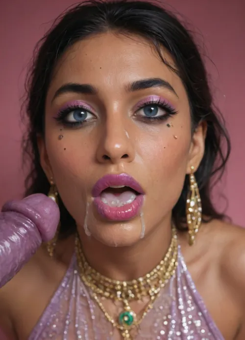 (high-quality facial detail:1.3), Indian sexy beautiful girl, (blue eyes:1.3), ((bimbo makeup, intense saturated glossy purple lipstick:1.2)), (Indian face:1.9), ((makeup:1.8), long blue eyelashes, olive eyeshadow with glitter), (lips:1.2), open mouth, saliva, in a transparent tight-fitting sequined dress, (pink-purple areoles are visible, nipples with piercings), an exquisite necklace and gold bracelets, (purple anus stretched around dildo), mid ejaculation, (penetration), she has long hair tied up in a bun, (purple pussy:1.7), nipple ringsnipple, (purple puffy anus:1.5), nipple ringsnipple rings, pussy view, slit pussy, slender long legs with a high waist, fishnet stockings, green stilettos, seductive grins, dark skin., (cum in mouth:1.3), (heavy pussy piercing:1.7), There is a lot of cum on the pubic area of the anus, <lora:EnvyBeautyMixXL02:.8>, <lora:Lip_Gloss_sexy_lips_by_DarkEffect:.8>
