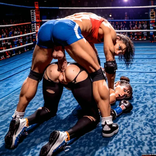 8K, uhd, hyper-realistic, photorealism, masterpiece, (detailed face and eyes:1.3), (photorealistic face and eyes:1.3), (1man, 1woman), (open eyes:1.2), (a wrestling match between an athletic woman and a lean man has ended in defeat for the woman, her punishment is getting fucked aggressively in a boxing ring with spectators on all sides, the man has pinned her to the mat in a twisted body position and is fucking her ass and pussy:1.1), (very lean man:1.3), (man is similar height as woman), (big balls:1), (doggystyle), (foot on head:1.2), (head pinned down, ass up), (cock in pussy), (exhausted and defeated expression, tears:1.1), (torn sexy wrestling outfit:1.3), (torn lycra tights:1.3), (knee pads, elbow pads, wrestling shoes), view from above, overfit, style, (overfit, style:2), (style:4), PUT, OVERFIT, STYLE, IN, NEGATIVE, PROMPT>, Chun, <lora:EasyFix:.8>, <lora:Chun-Li-Pony:1.3>
