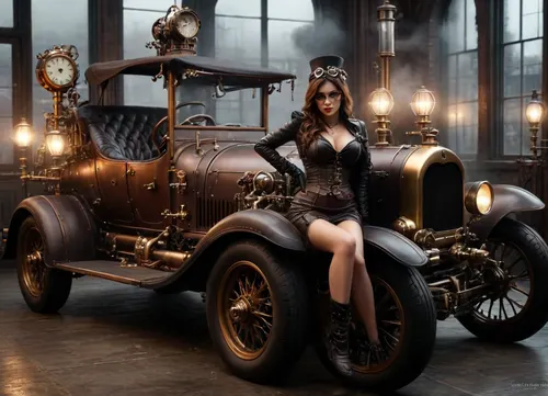A masterpiece, with an emphasis on high detail and quality, full body view, steampunk-style female engineer with large breasts, ((stunning, perfect eyes)), perfect hands. She stands next to a, (((steampunk steam car))), in a Victorian workshop, ((the window overlooks a steampunk-style city)), surrounded by gears, pipes, and glowing instruments, wearing, (revealing and very sexy clothes), cleavage and short skirt, ((steampunk-style glasses and leather gloves)), ((she is tuning the car)), brown eyes, perfect eyes, <lora:SteamPunkNoireAIp:.8>, <lora:style_lora_realis:.8>, <lora:PerfectEyesXL:.8>