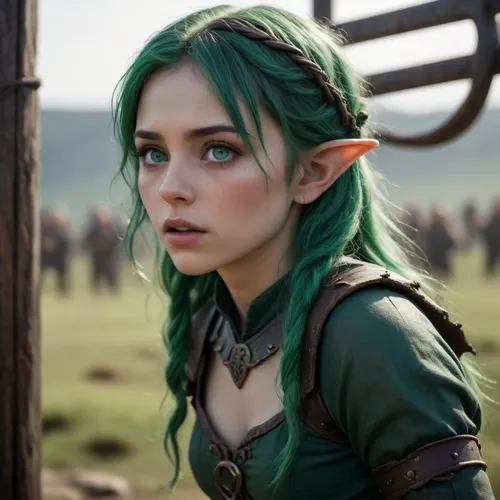 Silhouette in the distance of a beautiful 21year old green-haired elf on the battlefield Who looks at the viewer SamDoesArt2, frightened, facial expression, open, mouth, clenched, teeth, druidic, jia, pillory, <lora:MHXL_DruidicNaturalism_v1:.5>, <lora:jia_SDXL_2_:1.1>, <lora:Midjourney Image Enhancer XL v1:.6>