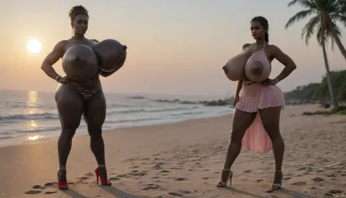 (absolutely black skin:1.45), (gigantic massive huge tits slender beauty model on the beach:1.35), (incredibly floppy saggy tits:1.35), (very large very dark areolae:1.25), erect nipples, seduction, model with full body and face, ((groping tits and ass)), ((very high plateau heels)), (bikini), ((belly chain, anklet, bracelet, jewelry, necklace)), ((micro skirt, sun dress)), oiled up, light hairy pussy, very detailed image, ultra high definition, dramatic sunrise light, palms