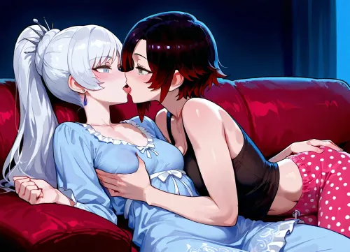 Ruby Rose, (RWBY), and Weiss Schnee, kissing and cuddling with each other on the couch in their pajamas., (Weiss Schnee is a tall, skinny woman with long, white hair, blue eyes, wearing a blue transparent nightgown.), (Ruby Rose is a short, petite woman with short black hair, grey eyes. Ruby is wearing a black tank top and long pink polka-dot pajama pants.), Dark, dim living room, cozy couch.

2 girls, assigned clothes, blushing, tongue kissing, cuddling, hugging, grabbing ass, grabbing boobs, hands under clothes, soft, warm, 4k detail, clear, crisp.