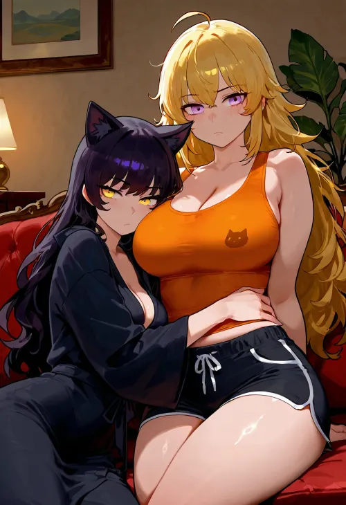 Yang Xiao, (RWBY), and Blake Belladonna, cuddling with each other on the couch in their pajamas., (Yang Xiao is a tall, busty woman with long, blonde hair, purple eyes, wearing a orange tank top and black short shorts.), (Blake Belladonna, sexy cat girl, glowing yellow eyes, wearing black bath robe.), Dark, dim living room, cozy couch.

2 girls, assigned clothes, cuddling, hugging, soft, warm, 4k detail, clear, crisp.