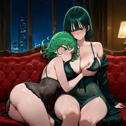 Fubuki, (One Punch Man), and Tatsumaki, cuddling and grabbing each other on a couch in a dark bedroom. 2 girls.

Fubuki is a tall, fit woman with large boobs wearing black bath robes, short black straight hair, glowing blue eyes.

Tatsumaki is a short, petite woman wearing a black, transparent nightgown, short curly green hair, glowing green eyes.

dark room, dim lighting, cozy soft couch. cuddling, hugging, boob grabbing, ass grabbing, breast feeeding, blushing.