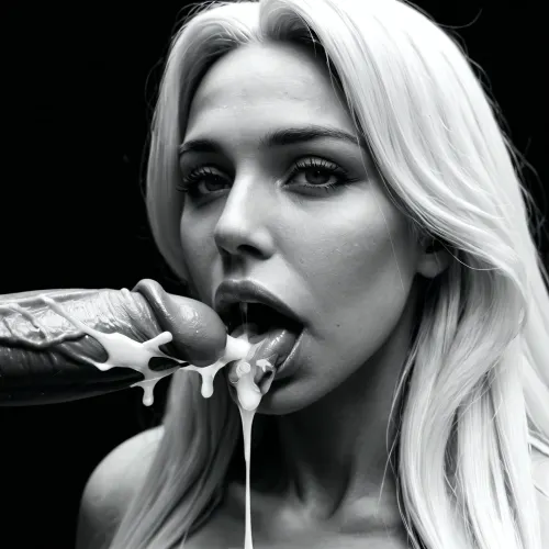 black room, black background, (black&white:1.9), (close-up), mature busty white woman, (milf:1.2), (extremely long smooth white hair:1.6), picture of an open mouth, only mouth is visible, extreme close-up, zoom in, huge white 20 inch penis resting on tongue, cum bursting out of dick, tongue sticking out, oral cumshot, projectile cum, cum on tongue