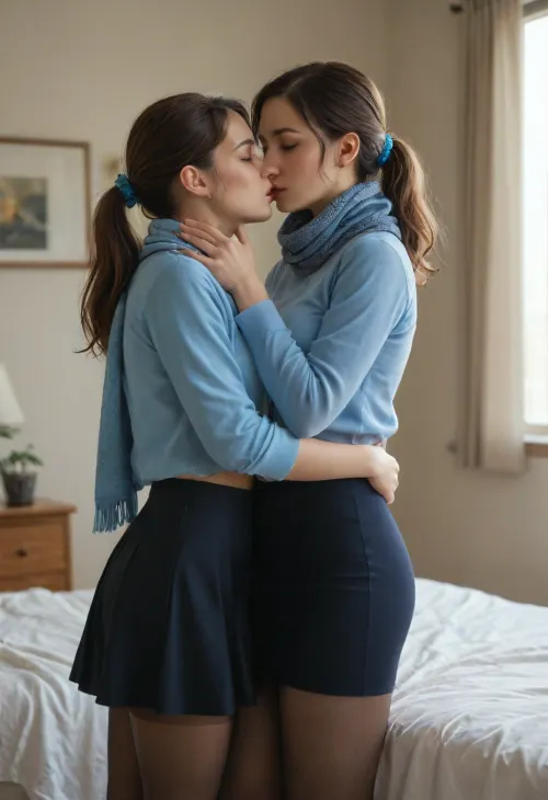 beautiful, gorgeous, 25_year_old, French woman, (Beautiful_French_woman), kissing her girlfriend passionately, in the evening, indoors, dimmed_lighting, after_sunset, reflective_skin, (wearing a blue long-sleeve shirt, scarf, skirt, pantyhose), medium_height, long_hair, dark_hair, blue_scrunchie, ponytail, blue_eyes, perfect_figure, average_breasts, small_nose, thin_lips, jewelry, groping, touching, hugging_tightly, French_kiss