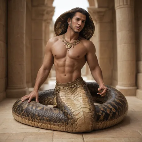 Snake man. Naga. Half snake half human. Attractive. Monster. Lamia. Male. Man. Egyptian. Scales. Snake fangs. Snake skin. Hybrid. Snake tail from the waist down. No legs. Full body. Scales on chest. Long tail. Arms. Dark skin. Jewelry. Solo male. Cobra fins. Half snake. Clawed hands. Naga. Attractive monster. Seductive monster. Claws. Fangs. Monster