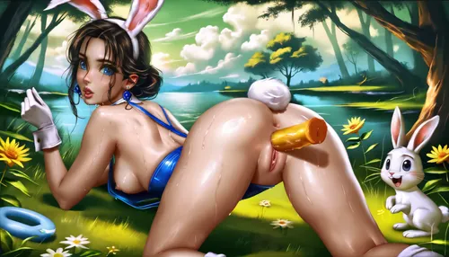 Logan Cure style hentai image of a stunningly animated girl in partial Bugs Bunny cosplay, wearing only the iconic floppy ears, white gloves and a sexy swimsuit exposing her breasts and bunny tail. She stands on all fours, leaning on her elbows, on the sunlit edge of a forest lake, surrounded by brightly colored flowers and trees, a bright orange dildo in her vagina. Her lips are ajar in a soundless moan. Nearby, a small rabbit stands on its hind legs and watches her in amazement.