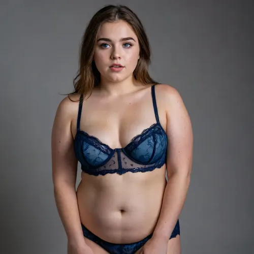 RAW photo, professional, full body portrait, simple background, gorgeous sexy 18 year old girl, brown hair, blue eyes, dark eyebrows, round full face, small tits, wide hips, big ass, (chubby:1), mouth slightly open, dull look in eyes, jewish, wearing a sheer illusion bodice, 8k uhd, dslr, soft lighting, high quality, film grain, Fujifilm XT3