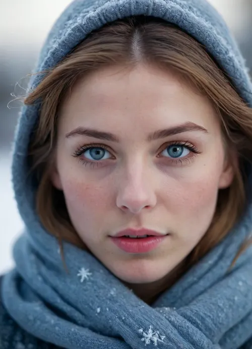 A close-up cinematic portrait of a young woman standing in the snow, her face partially covered in frost and delicate snowflakes. Cold blue tones dominate the scene, creating a moody winter atmosphere. Her expressive eyes reflect quiet emotion and resilience, with soft light highlighting her lips and the texture of frozen flakes on her skin. The depth of field is shallow, blurring the background into cool blue hues. Hyper-realistic details, 8K resolution, dramatic lighting, bokeh snow particles, filmic color grading, photography by Dan Winters, Nikon Z9, 85mm f/1.4 lens., <lora:Hegre-Nude_woman-000001:.8>