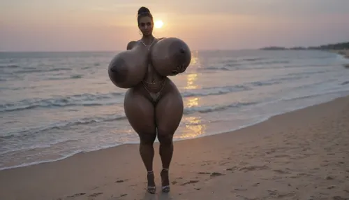 (absolutely black skin:1.85), (gigantic massive huge tits slender beauty model on the beach:1.55), (incredibly floppy saggy tits:1.35), (very large very dark areolae:1.25), erect nipples, seduction, model with full body and face, ((groping tits and ass)), ((very high plateau heels)), (bikini), ((belly chain, anklet, bracelet, jewelry, necklace)), (micro skirt, sun dress), oiled up, light hairy pussy, very detailed image, ultra high definition