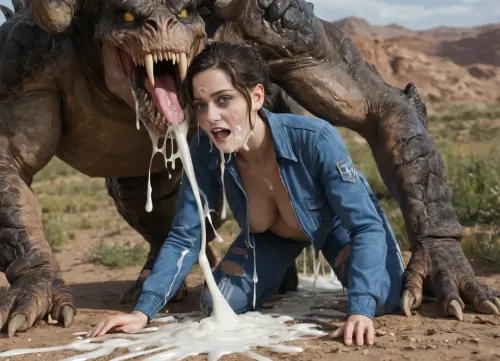 Lucy MacLean, dressed in a Vault 13 jumpsuit, is getting aggressively fucked by a massive green Deathclaw in the desert, she has black hair, (excessive cum on face:1.3), handjob, Interspecies, Deathclaw, Fallout, lizard penis, mutant male, monster sex, zoophilia, torn jumpsuit, detailed faces detailed eyes, detailed mouth, detailed pupils, detailed teeth, HD, ultra detailed, outdoors, grinning female, perfect eyes, cumflation